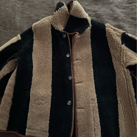 CawleyStriped Shearling Avis Jacket in Black & Tan